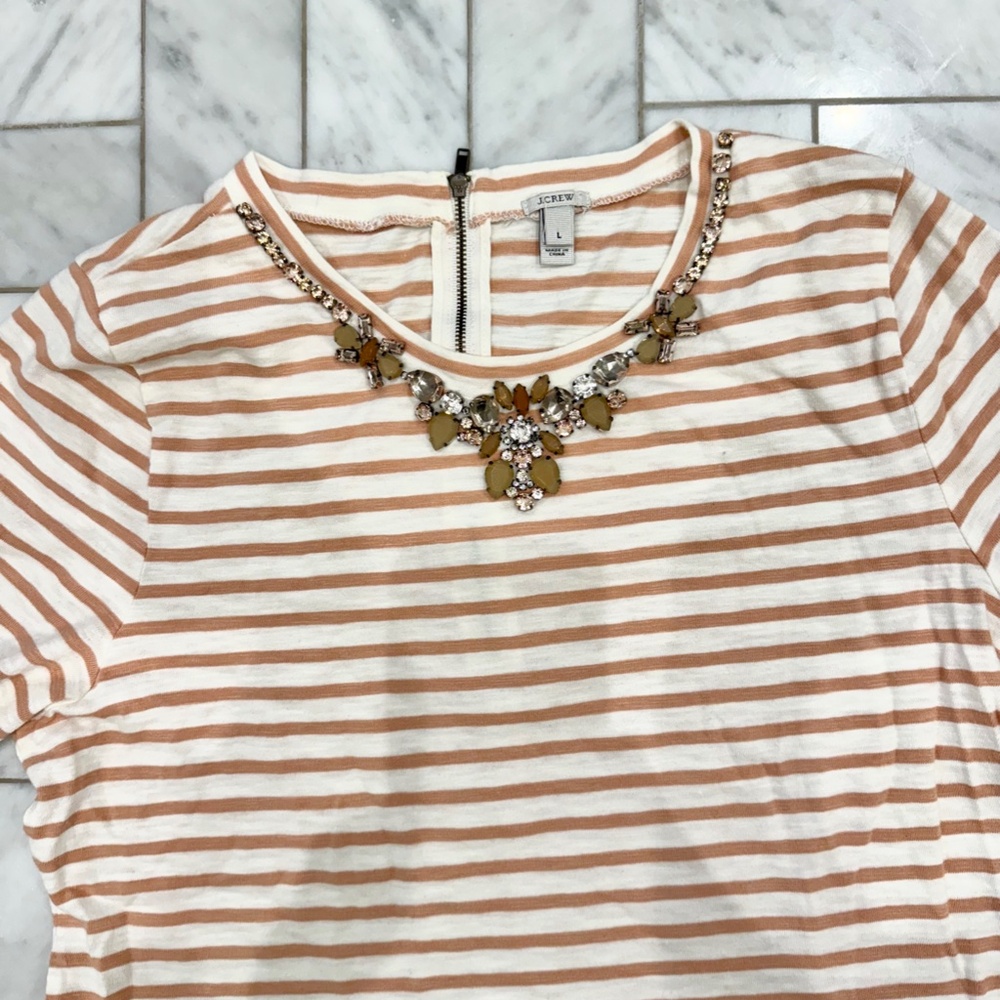 J.Crew 3/4 sleeve embellished neckline cream and peach striped tee